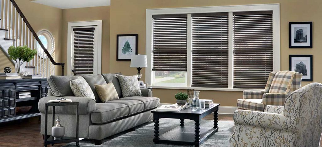 Horizontal wood blinds provide a modern traditionalist solution for both doors and windows.